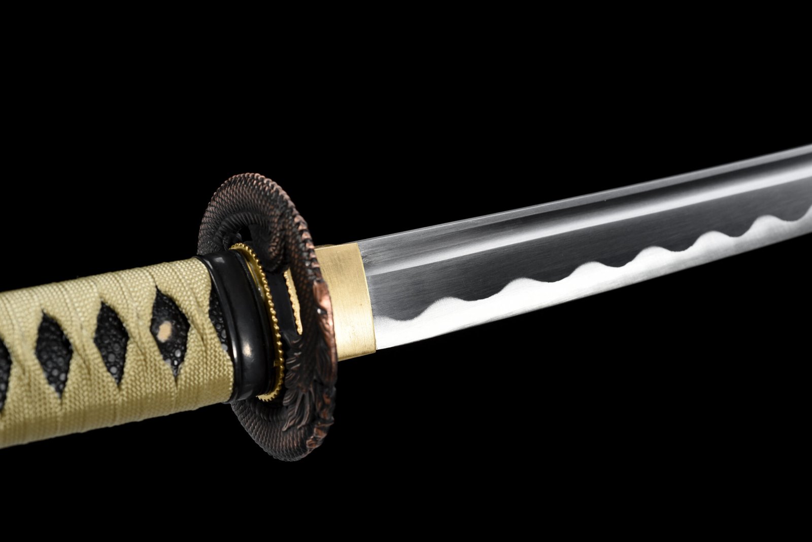 28-Inch Handmade Knife - Medium Carbon Steel Blade (Full Groove, Decorative Notches, Cutting Lines) + Black Glossy Scabbard (Imitation Conch Inlay Pattern) - Image 3