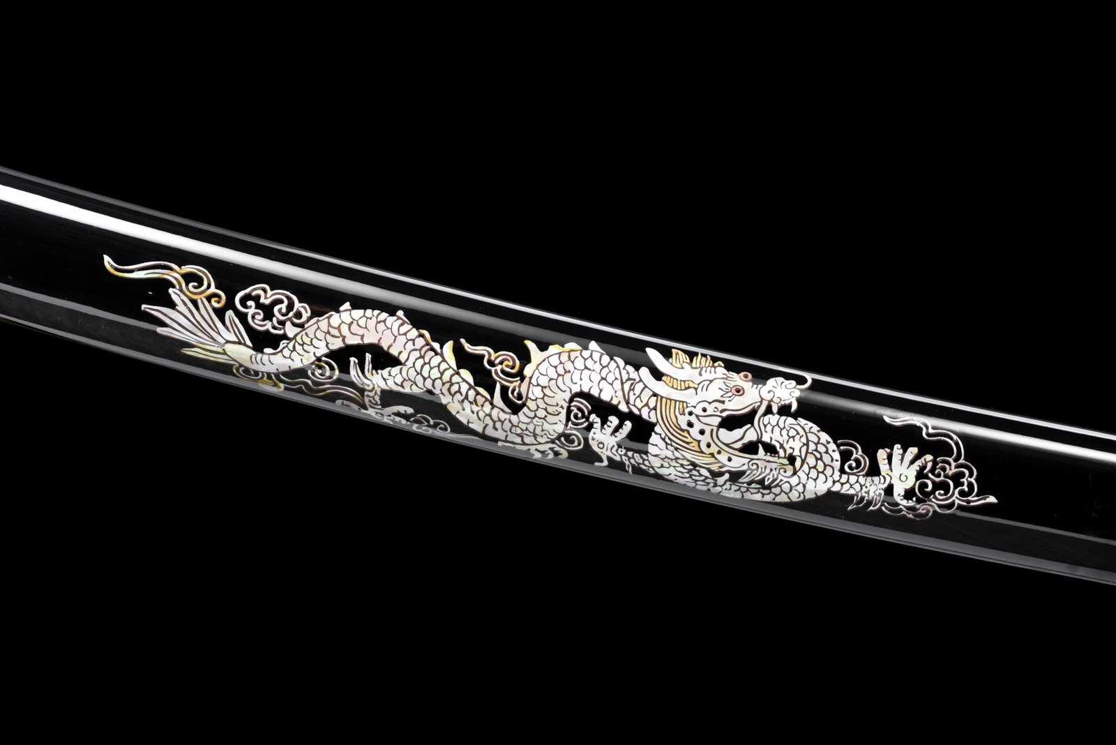 28-Inch Handmade Knife - Medium Carbon Steel Blade (Full Groove, Decorative Notches, Cutting Lines) + Black Glossy Scabbard (Imitation Conch Inlay Pattern) - Image 6