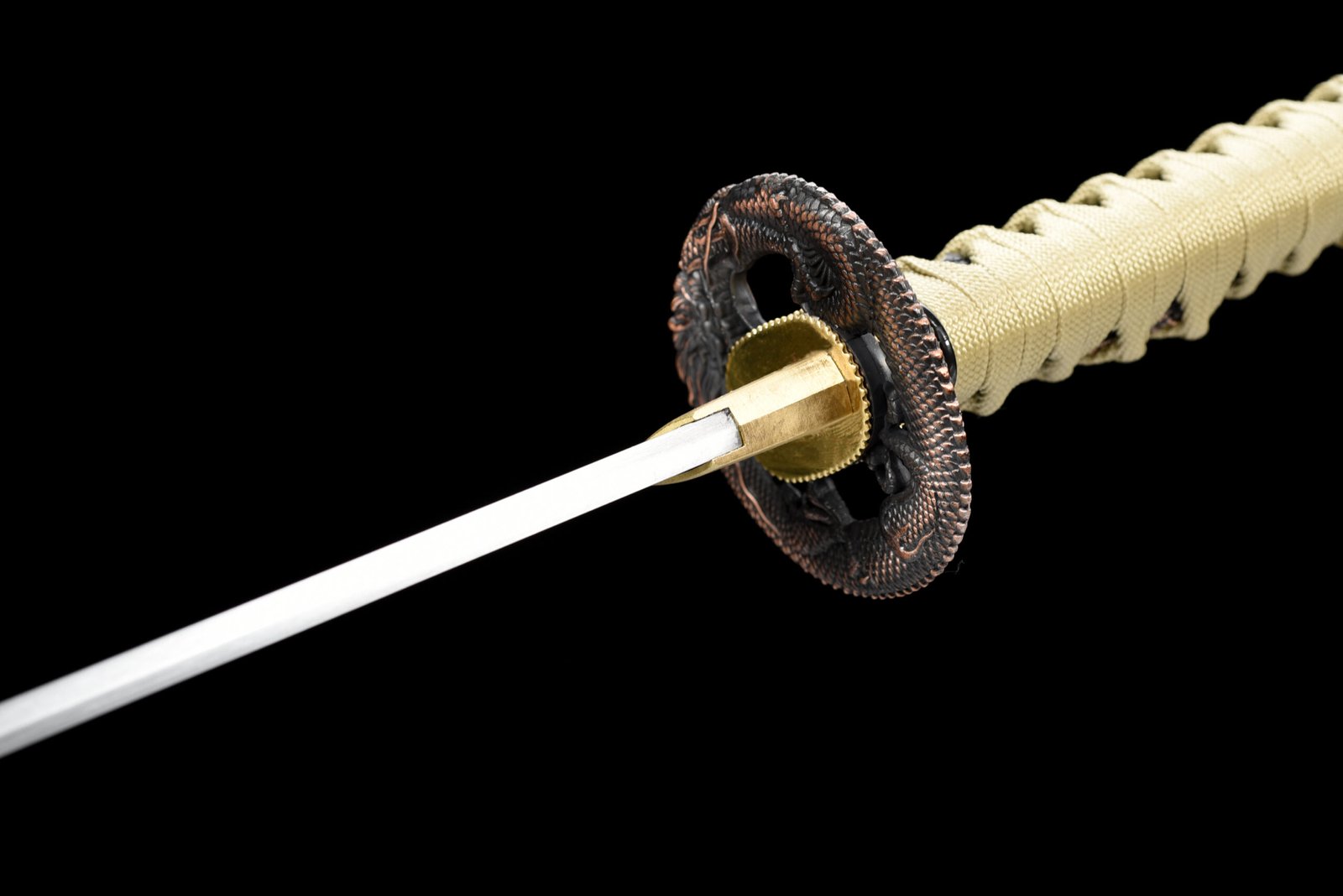 28-Inch Handmade Knife - Medium Carbon Steel Blade (Full Groove, Decorative Notches, Cutting Lines) + Black Glossy Scabbard (Imitation Conch Inlay Pattern) - Image 7