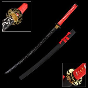 Lightning-Themed 28-Inch Handmade Knife: 1045 Steel Blade + Red Ribbon-Decorated Handle & Scabbard (Double Corrugated Box + Black Bag)