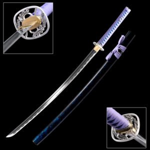 Samurai Sword (104cm Overall Length) - 1045 Steel Blade with Grooves, Hardwood Scabbard (Black Base+Shiny Blue Rings)
